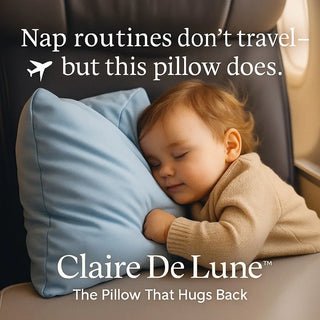 Child sleeping on a blue pillow with text about travel pillows and the pillow that hugs you back by Claire De Lune brand.
