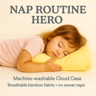 Child sleeping on a yellow bamboo daycare pillow with text about a machine-washable cloud case and breathable bamboo fabric.
