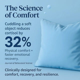 Blue pillow with text about comfort and cortisol reduction on a blue background