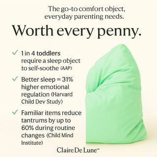 Mint Green cloud technology sleep pillow with text highlighting benefits for toddlers and parents, featuring the brand 'Claire De Lune'.