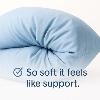 Blue cloud technology pillow zoomed inso you can see the fabric and it says So Soft it feels like support.