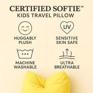 Certified Softie Kids Travel Pillow with features on a beige background