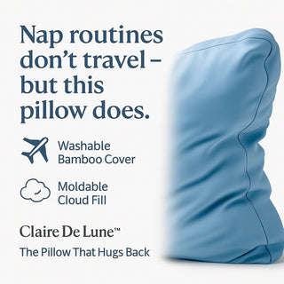 Blue bamboo square pillow with text highlighting features and brand Claire De Lune Cloud Co. on a white background