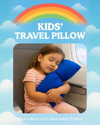 Child hugging a blue Cloud Pillow on an airplane – perfect for travel naps and sensory support.