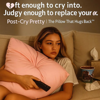Woman hugging a pink breakup bamboo cloud pillow on a couch with text overlay called Post-Cry-Pretty