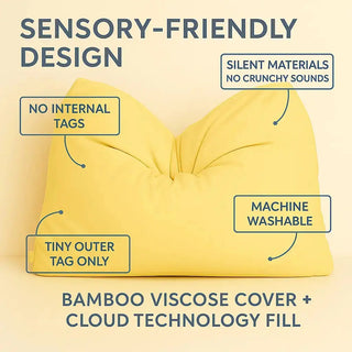 Sensory friendly kids pillow with ultra soft and squishy luxury bamboo fabric with hypoallergenic washable cover.